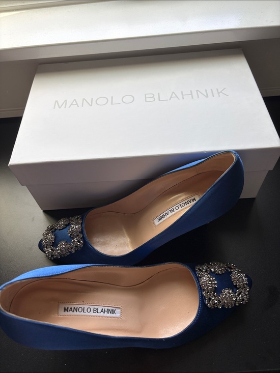 Manolo Blahnik Shoes - Manolo Blahnik Royal Blue Satin Crystal Buckle heels barely worn